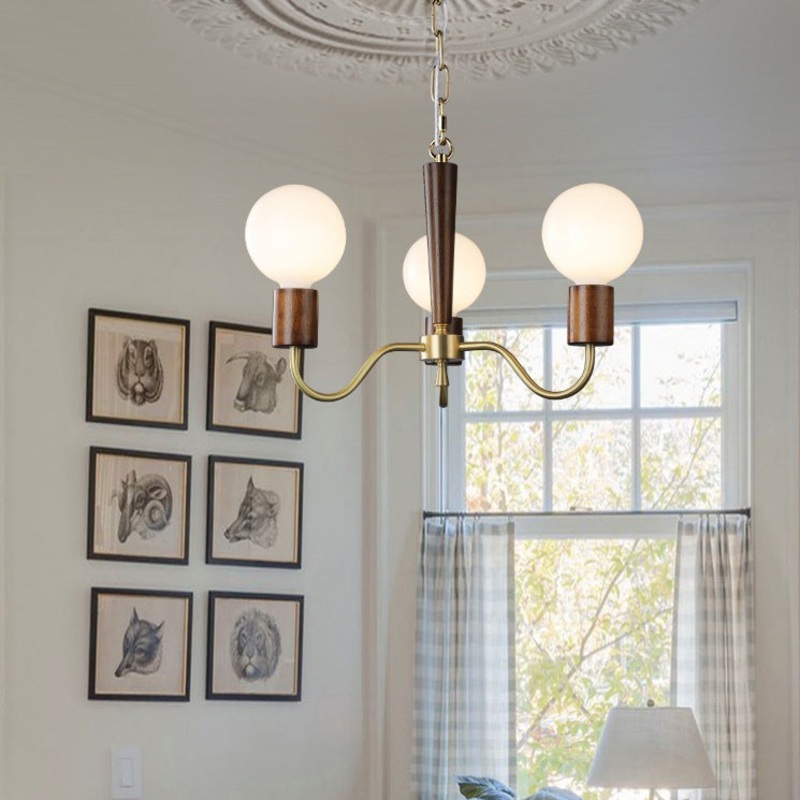 Traditional Vintage Round Orb Copper Walnut Glass 3/5 Light Chandelier For Living Room