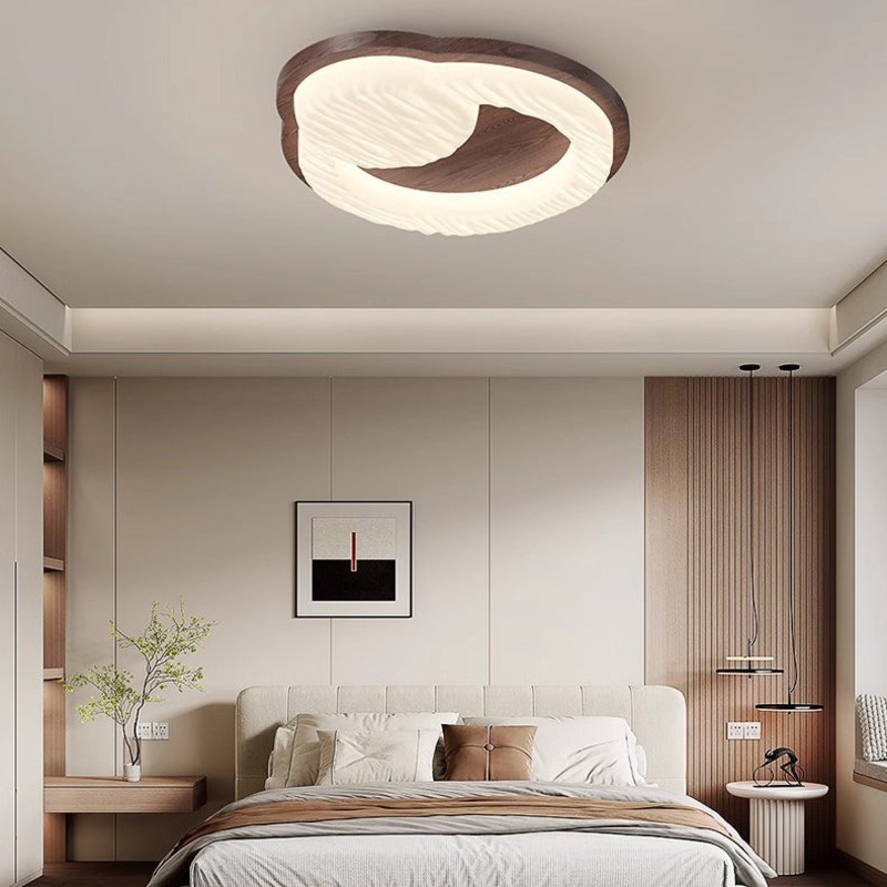 Traditional Vintage Round Rubberwood PE LED Flush Mount Ceiling Light For Living Room