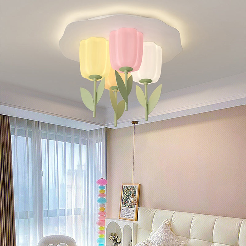 Contemporary Creative Cream Tulips Roto-molding Lampshade Iron LED Semi-Flush Mount Ceiling Light For Bedroom