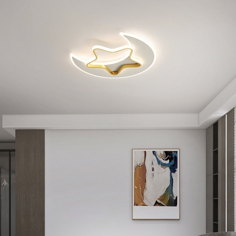 Contemporary Creative Moon Star Iron Acrylic LED Flush Mount Ceiling Light For Bedroom