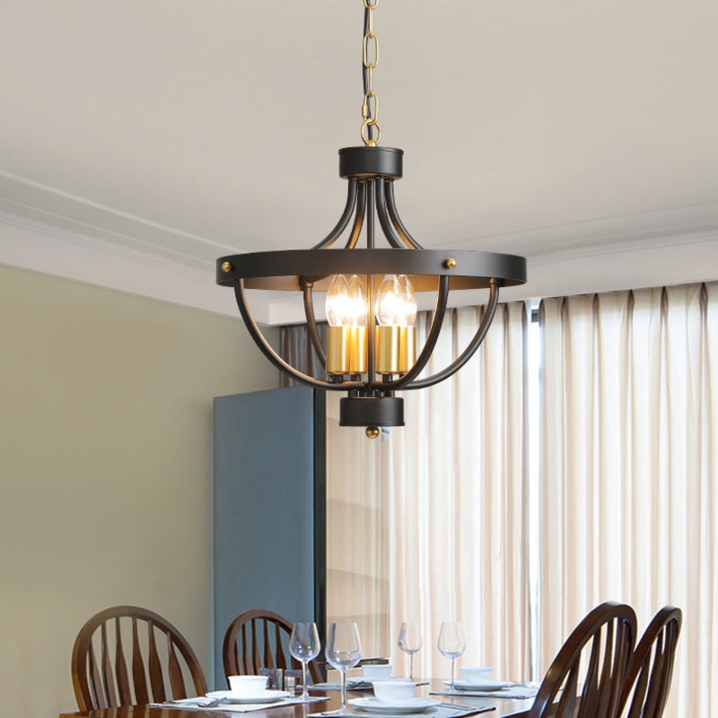 Contemporary Industrial Iron Cage Candle 4-Light Chandeliers For Dining Room