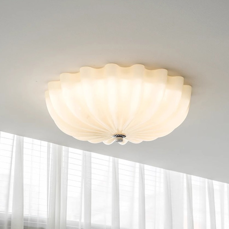 Contemporary Nordic Cream Round Stripe Hardware Glass LED Flush Mount Ceiling Light For Living Room