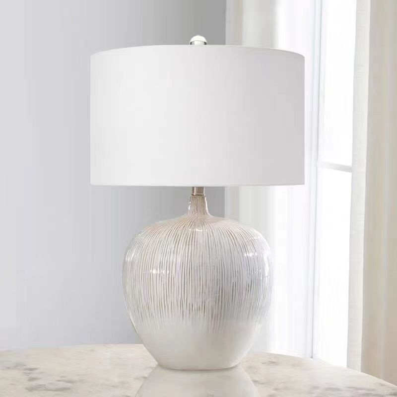 Contemporary Nordic Round Ceramic Fabric 1-Light Table Lamp For Living Room