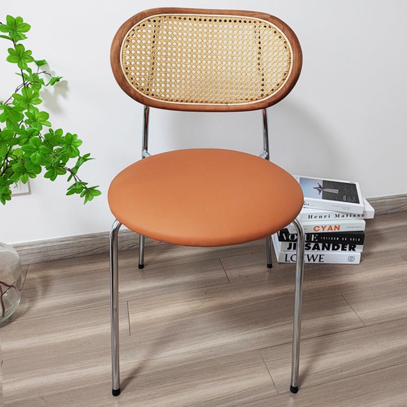 Contemporary Nordic Round Iron Rattan Leather Chair Backrest Armless For Living Room