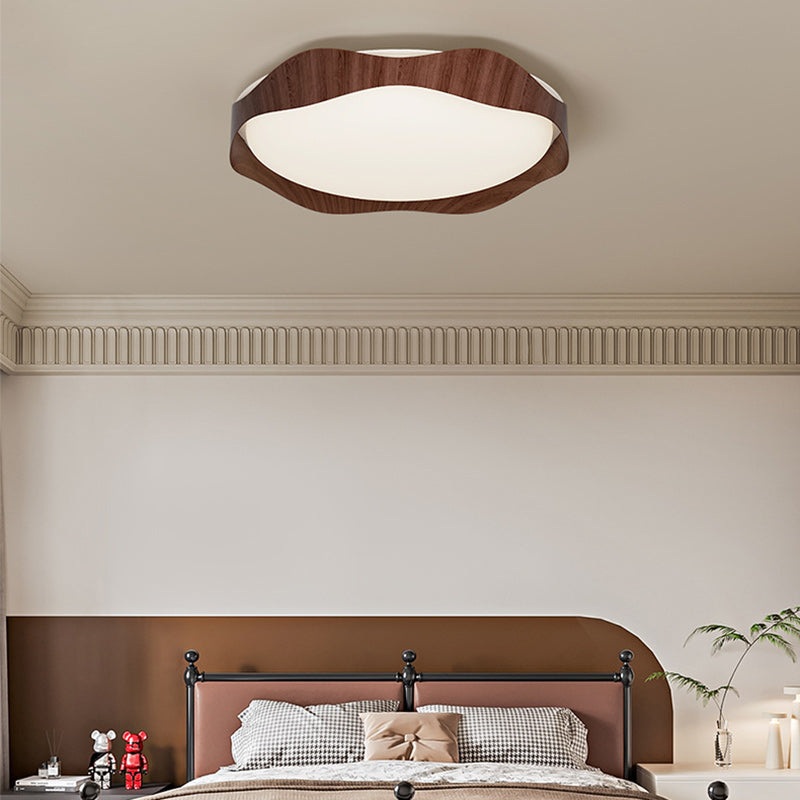 Contemporary Nordic Round Roto-molding Iron Wood Lampshade LED Flush Mount Ceiling Light For Bedroom