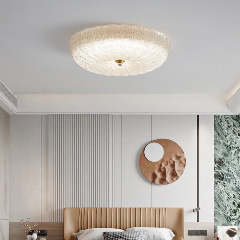 Contemporary Nordic Round Stripe Handmade Glass Copper LED Flush Mount Ceiling Light For Living Room