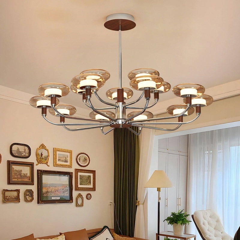 Contemporary Retro Hardware Glass Aluminum Round LED Chandeliers For Living Room