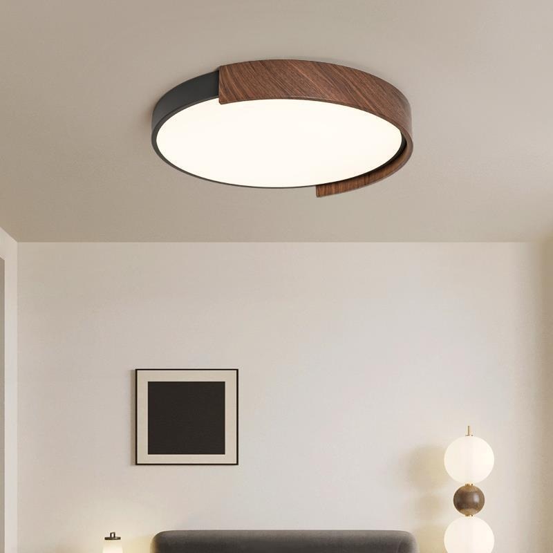Modern Minimalist Iron Imitation Walnut Wood Grain PVC Round LED Flush Mount Ceiling Light For Bedroom
