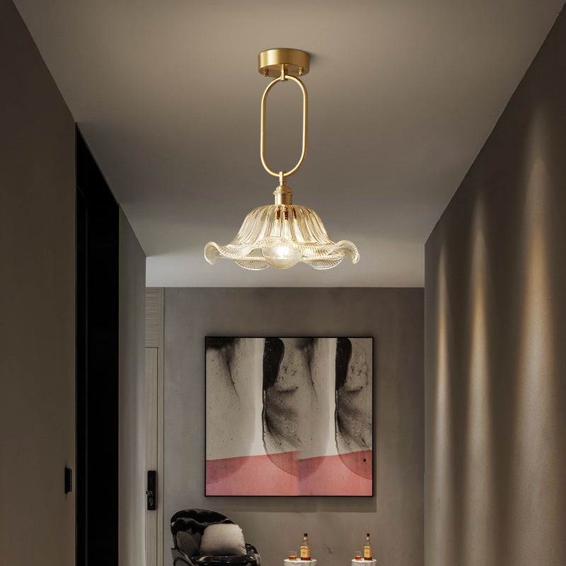 Modern Minimalist Oval Flower Copper Frame Glass Shade 1-Light Pendant Light For Living Room