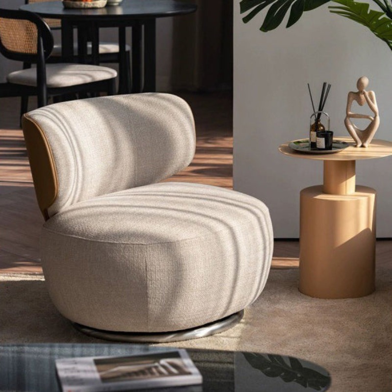 Modern Minimalist Rotatable Round Bent Square Backrest Chenille Fabric Wood Accent Chair For Living Room