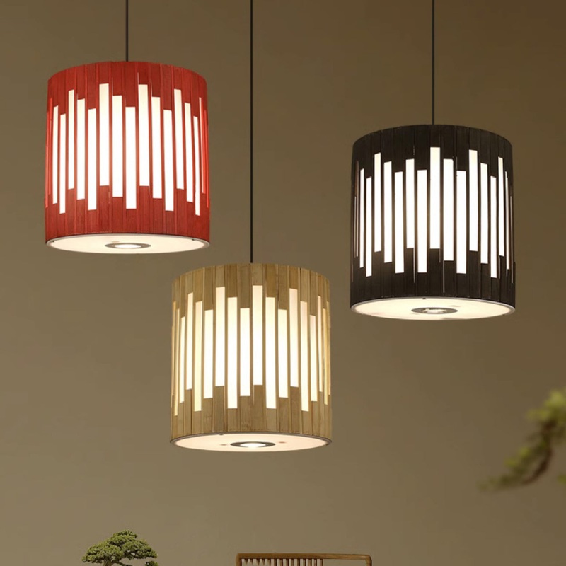 Traditional Chinese Cylinder Bamboo Woven 1-Light Pendant Light For Dining Room