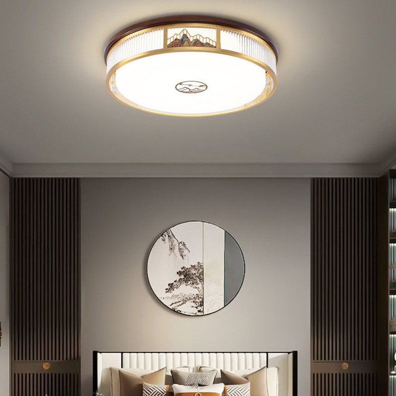Traditional Chinese Round Mountain Pattern Acrylic Iron Copper LED Flush Mount Ceiling Light For Bedroom