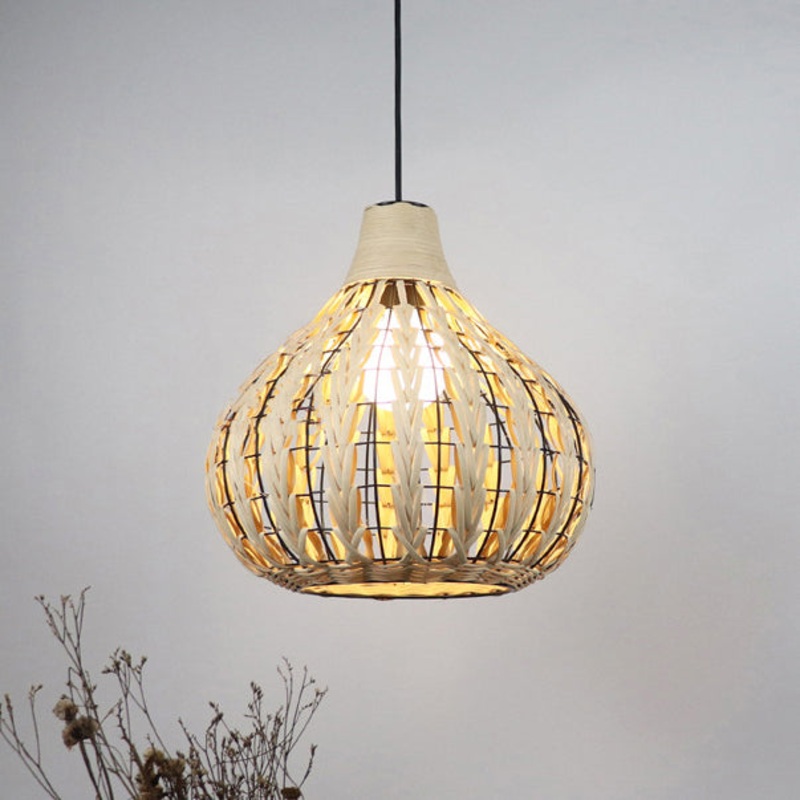 Traditional Chinese Round Orb Hollowed Out Iron Frame Rattan 1-Light Pendant Light For Dining Room
