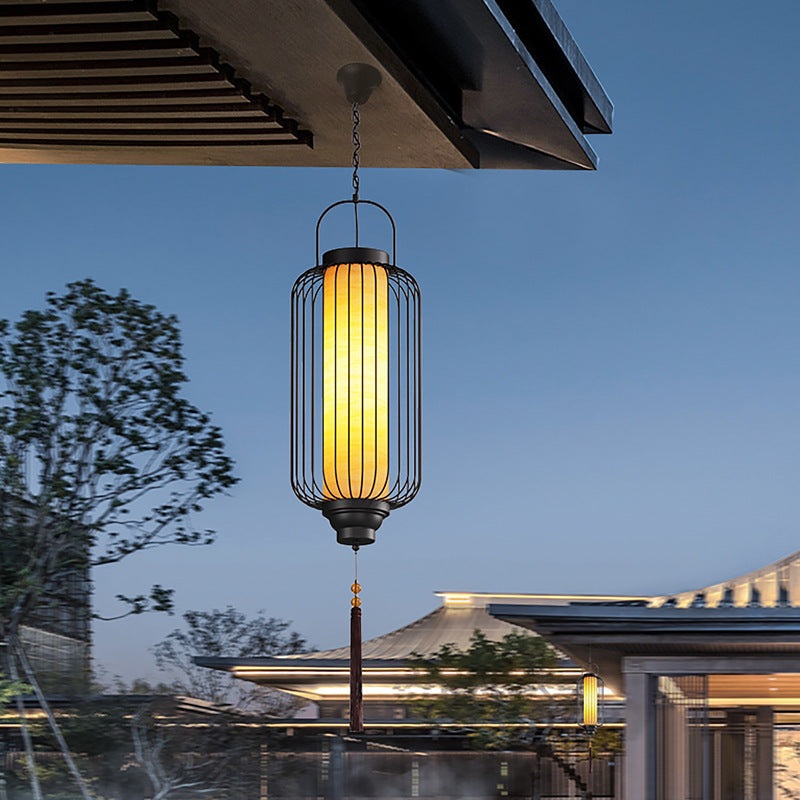 Traditional Chinese Waterproof Carbon Steel Imitation Marble Lantern Cylinder Hollowed Cage 1-Light Pendant Light Outdoor Light For Outdoor Patio