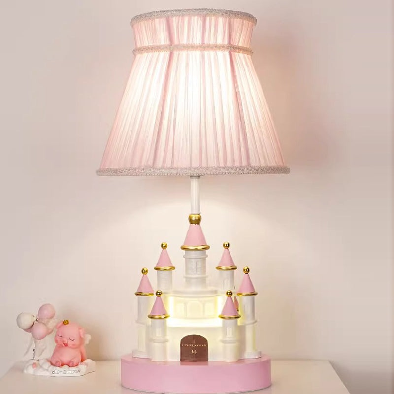 Traditional European Fabric Pink Dream Castle Resin Base 1-Light Table Lamp For Bedroom