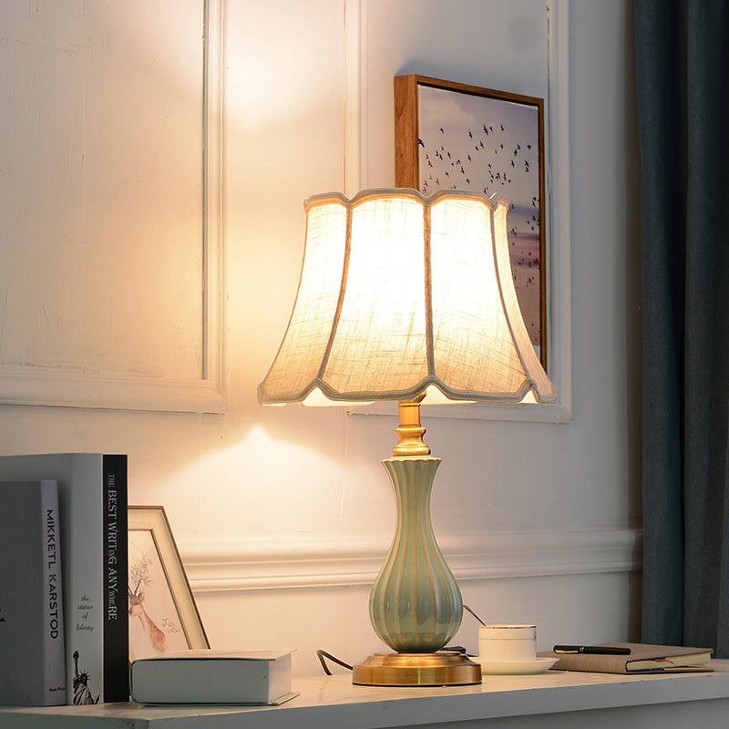 Traditional European Frustum Cone Drum Fabric Ceramic Copper 1-Light Table Lamp For Living Room