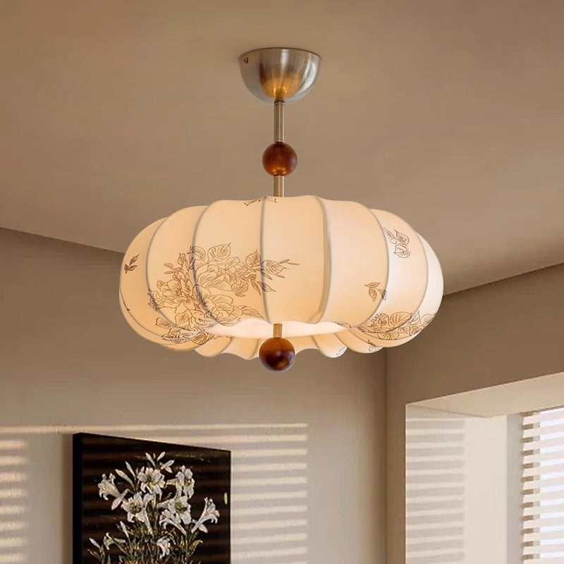 Traditional French Ash Solid Wood Fabric Flower Pattern Round Shade 5-Light Pendant Light For Dining Room