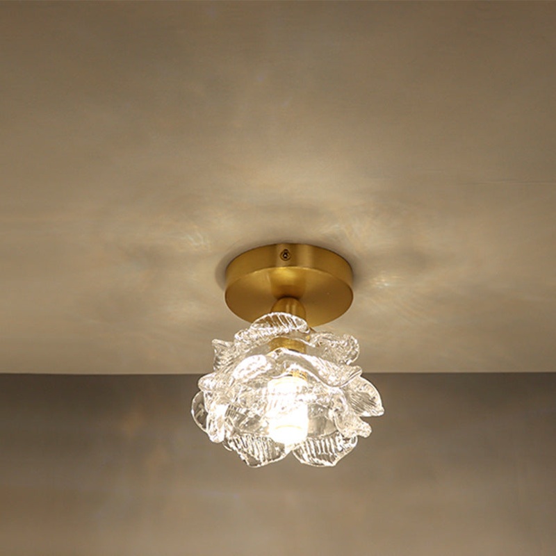 Traditional French Flower Copper Glass 1-Light Flush Mount Ceiling Light For Living Room