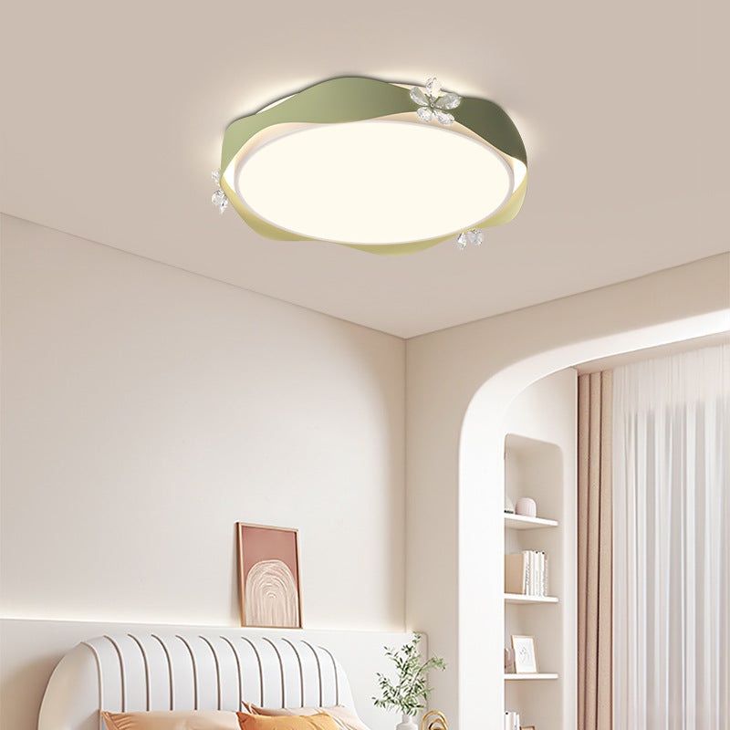 Traditional French Flower Round PVC Iron Crystal LED Flush Mount Ceiling Light For Bedroom