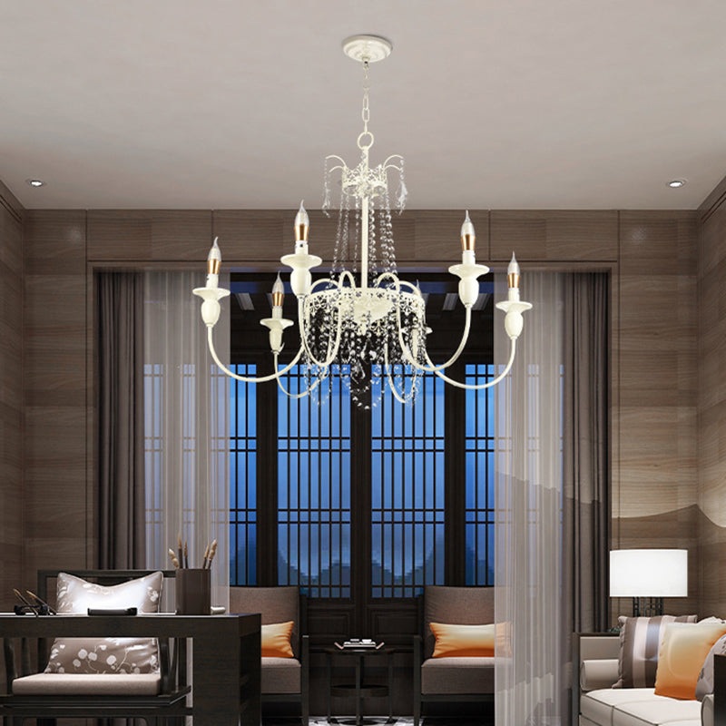 Traditional French Iron Carved Frame Crystal String Candelabra 4/6/8-Light Chandelier For Living Room