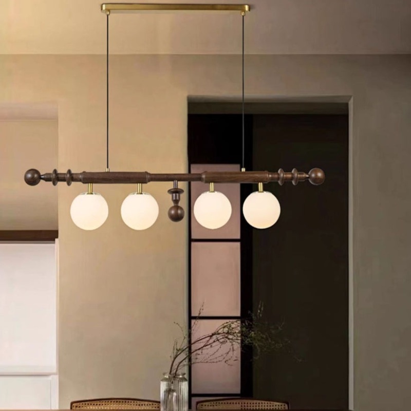 Traditional French Long Pole Round Globe Ash Wood Glass 4-Light Island Light Chandelier For Dining Room