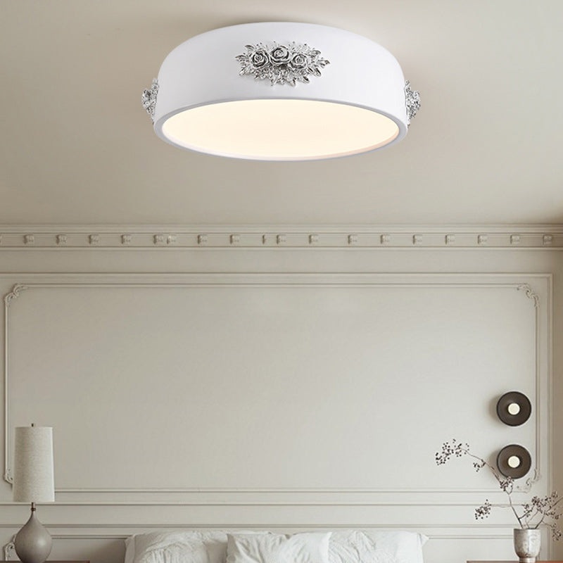Traditional French Rose Pattern Resin Stainless Steel Acrylic Lampshade LED Flush Mount Ceiling Light For Bedroom