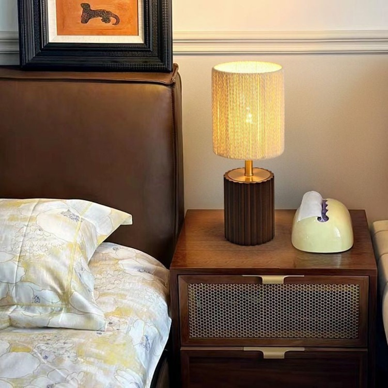 Traditional Japanese Cylinder Rubberwood Paper Rope 1-Light Table Lamp For Bedroom