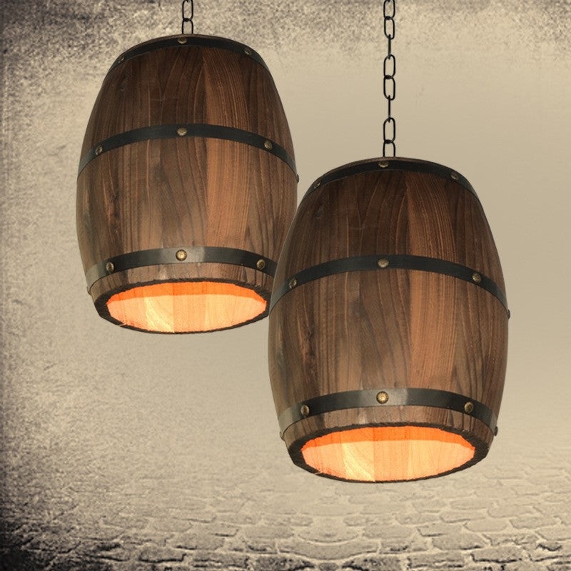 Traditional Rustic Round Barrel Wood Iron 1-Light Pendant Light For Dining Room
