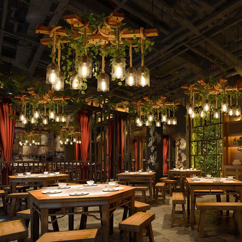 Traditional Rustic Round Cylinder Iron Wood Hemp Rope 3/6/8 Light Chandelier For Dining Room