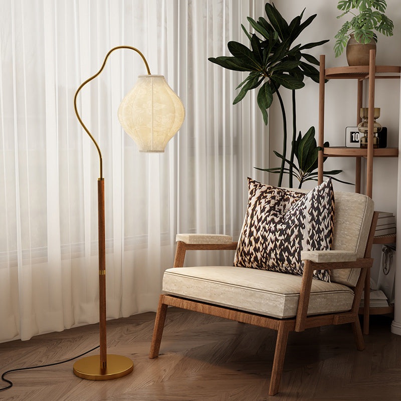 Traditional Vintage Curved Fishing Rod Hardware Frame Patterned Fabric Shade 1-Light Standing Floor Lamp For Living Room