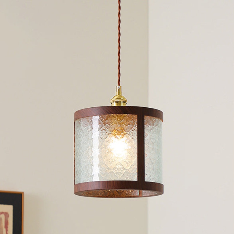 Traditional Vintage Cylinder Rectangle Trapezoid Copper Glass Iron 1-Light Pendant Light For Living Room