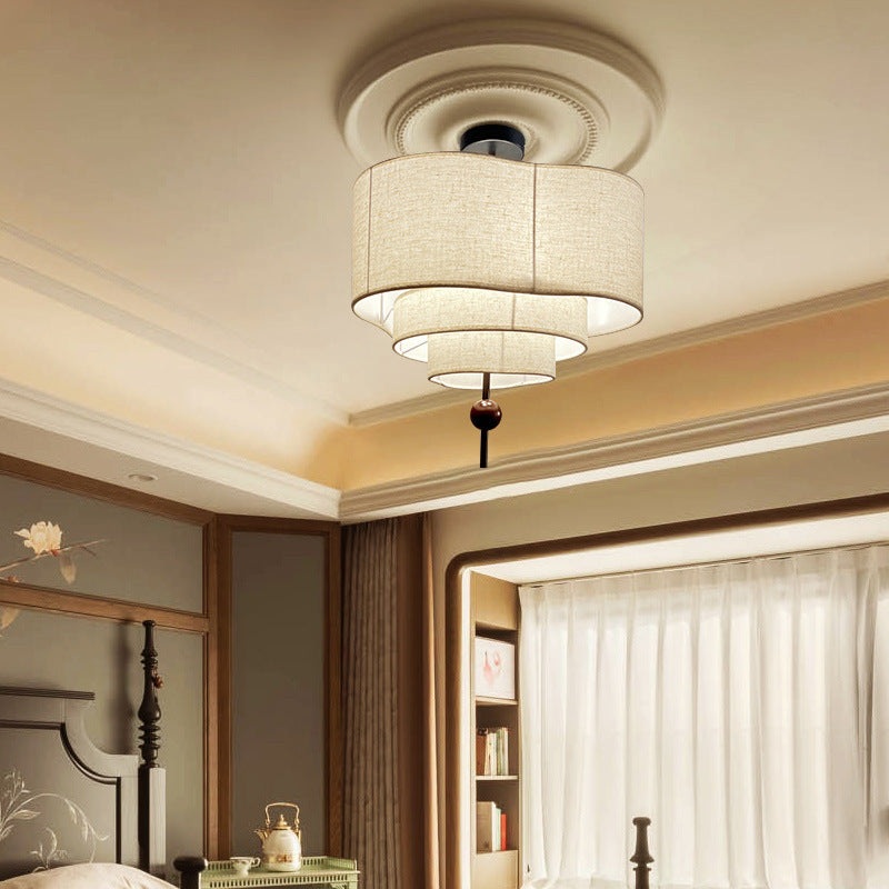Traditional Vintage Oval Solid Wood Fabric 3/5 Light Semi-Flush Mount Ceiling Light For Living Room