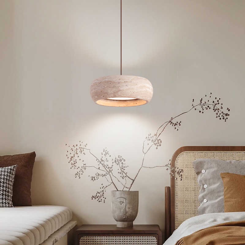 Traditional Vintage Round Yellow Travertine Walnut Wood LED Pendant Light For Bedroom