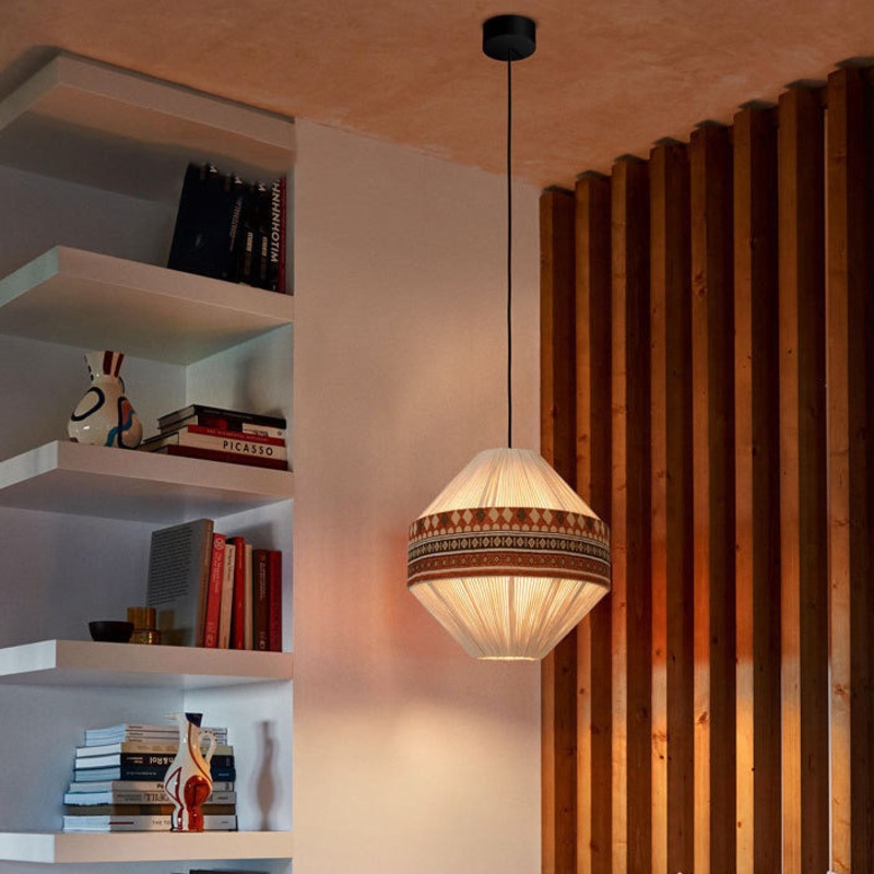Contemporary Boho Gyro Shape Round Cone Cotton Rope Fabric 1-Light Pendant Light For Dining Room