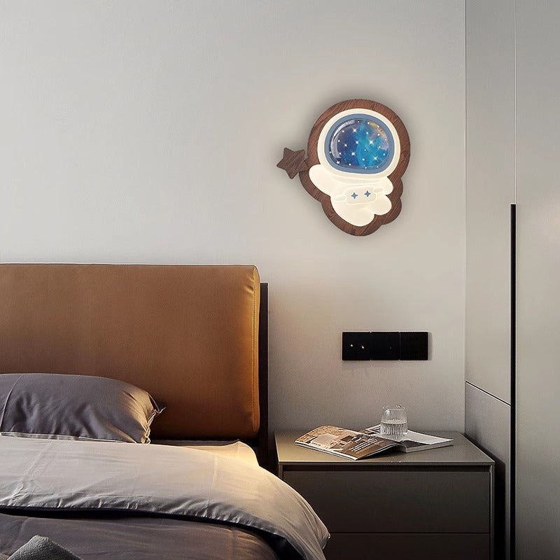 Contemporary Creative Astronaut Star Moon Wood Base PE Shade LED Wall Sconce Lamp For Bedroom