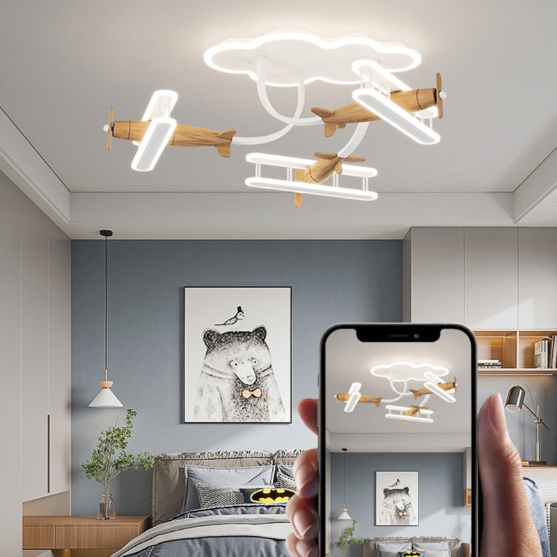 Contemporary Creative Cartoon Solid Wood Plane Acrylic LED Semi-Flush Mount Ceiling Light For Living Room