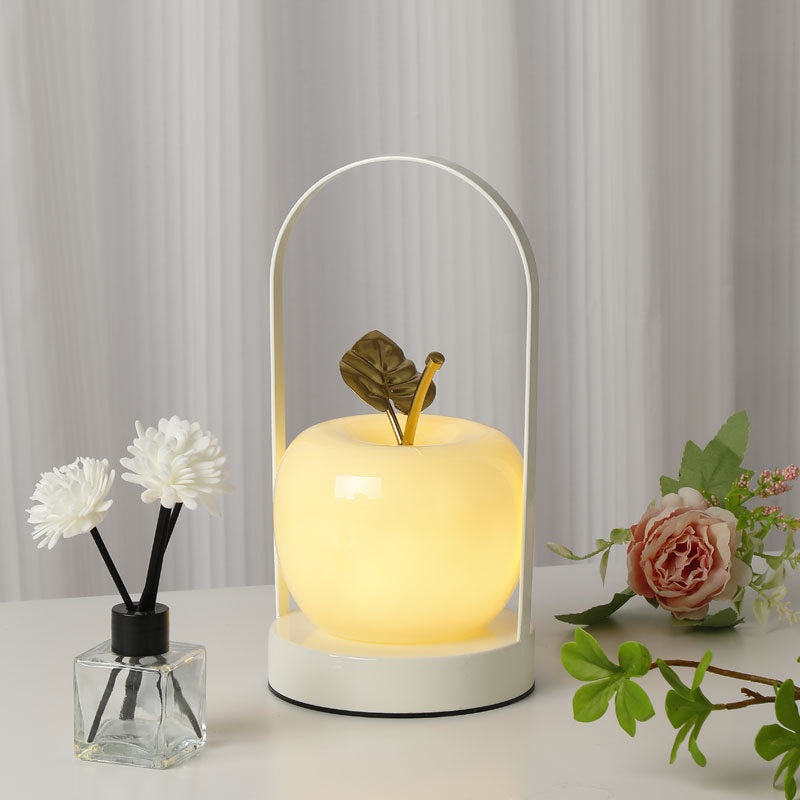 Contemporary Creative Portable Apple Iron Frame Glass Shade LED Table Lamp For Bedroom