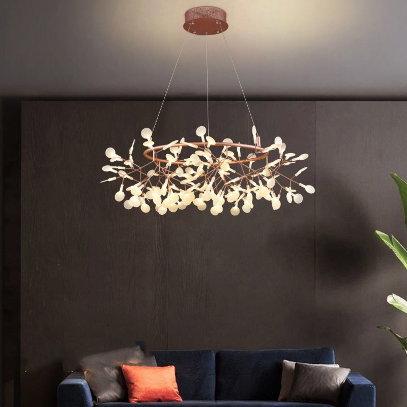 Contemporary Creative Round Branch Firefly Acrylic Stainless Steel LED Chandelier For Bedroom