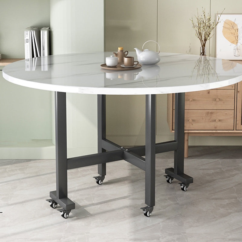 Contemporary Nordic Round Carbon Steel Slate Foldable Movable Dining Table For 4/6/7/8 Seats