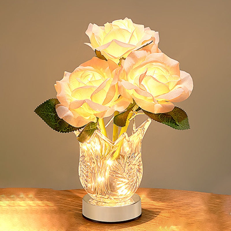 Modern Art Deco Artificial Rose Flower Glass Bottle Base LED Table Lamp For Bedroom
