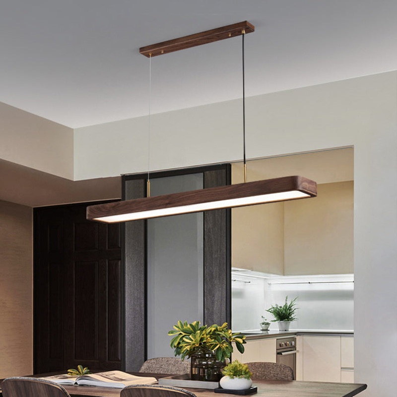 Modern Minimalist Long Rectangle Acrylic Walnut LED Chandelier Island Light For Dining Room