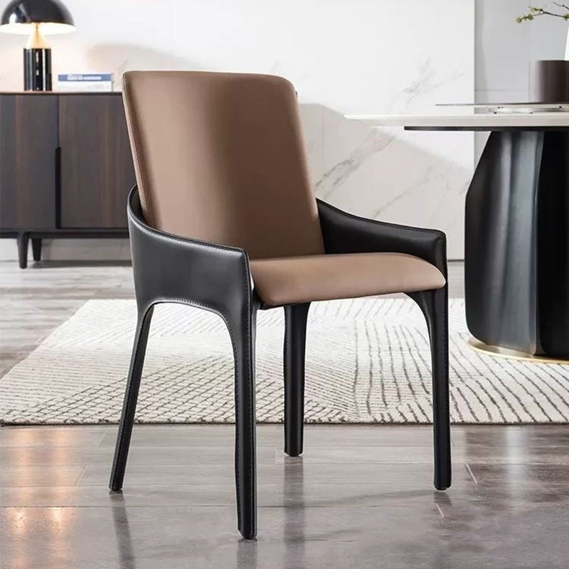 Modern Minimalist Rectangular Metal Leather Dining Chair Backrest Armrest For Dining Room