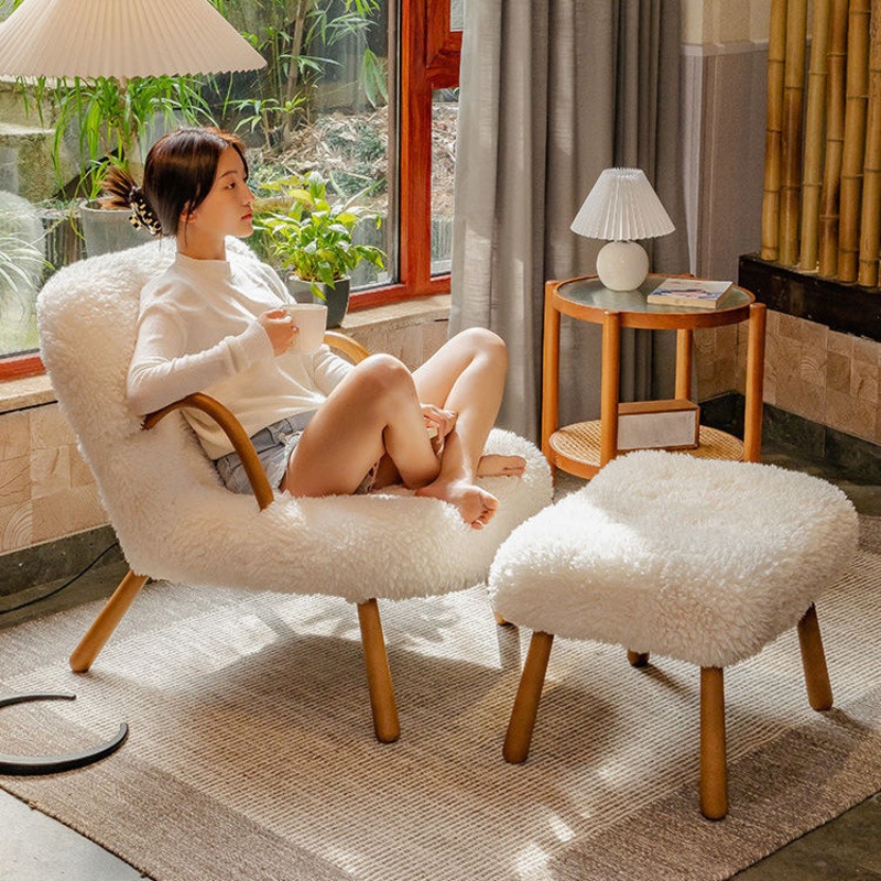 Modern Simplicity Square Lambswool Solid Wood Accent Chair Backrest Armrest For Living Room