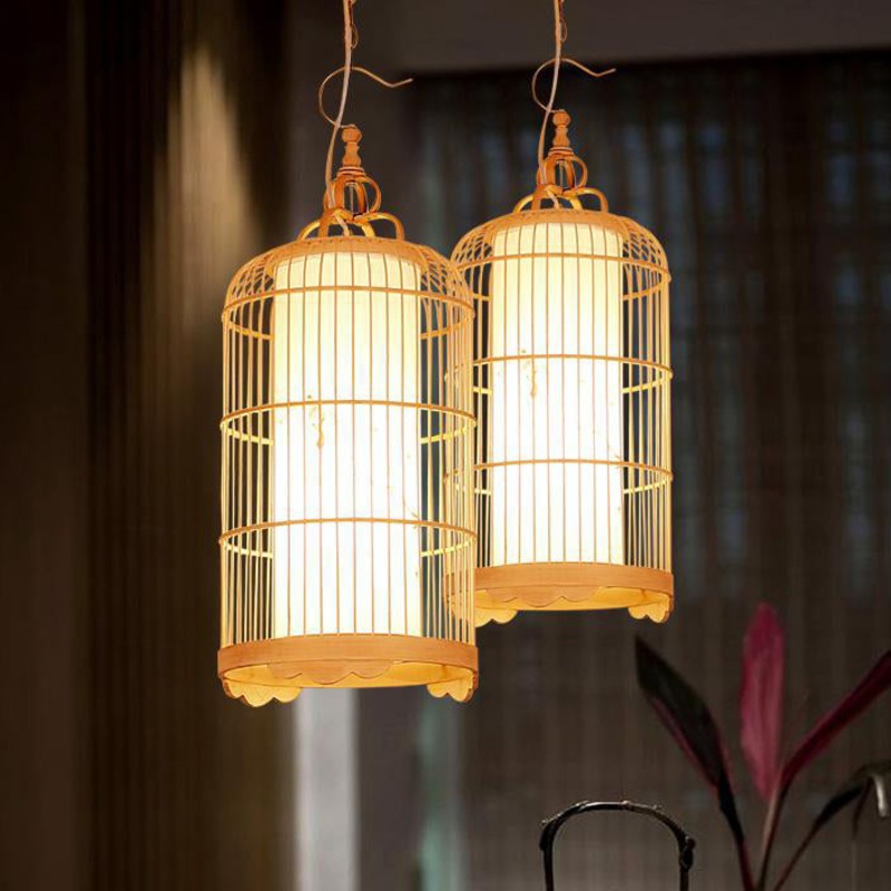 Traditional Chinese Cylinder Birdcage Bamboo Woven Solid Wood 1-Light Pendant Light For Dining Room