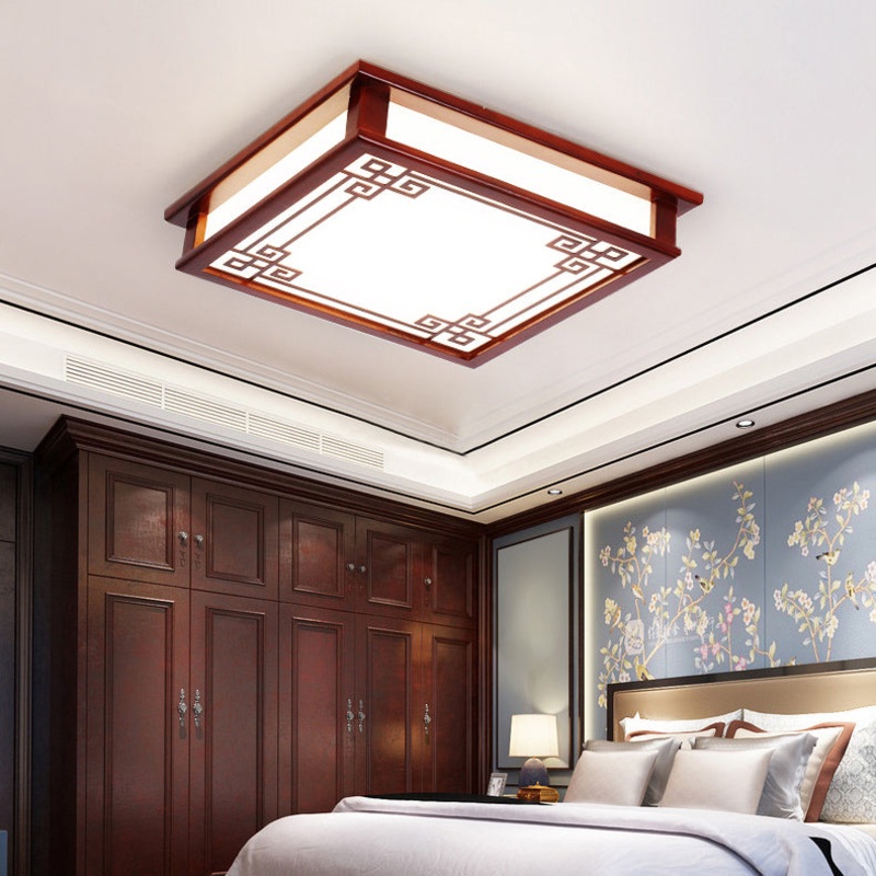 Traditional Chinese Pine Solid Wood Diffusion Plate Knot Square Rectangular LED Flush Mount Ceiling Light For Bedroom
