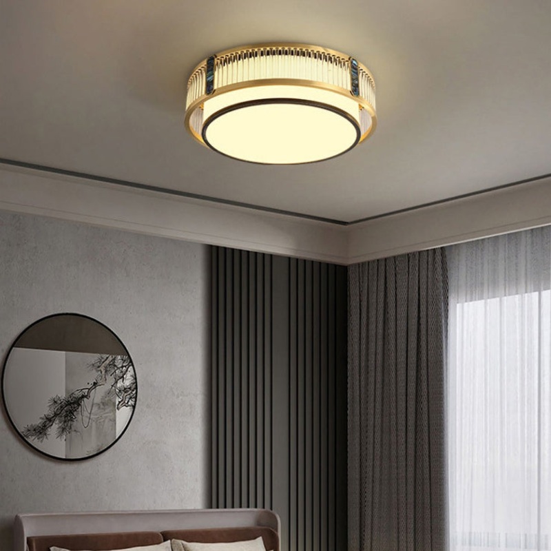 Traditional Chinese Round Square Rectangle Copper Iron Glass Acrylic LED Flush Mount Ceiling Light For Living Room