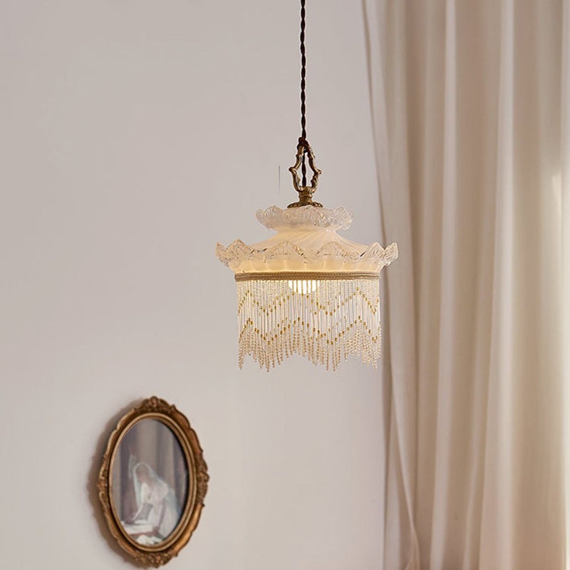 Traditional French Copper Glass Crown Tassel 1-Light Pendant Light For Dining Room