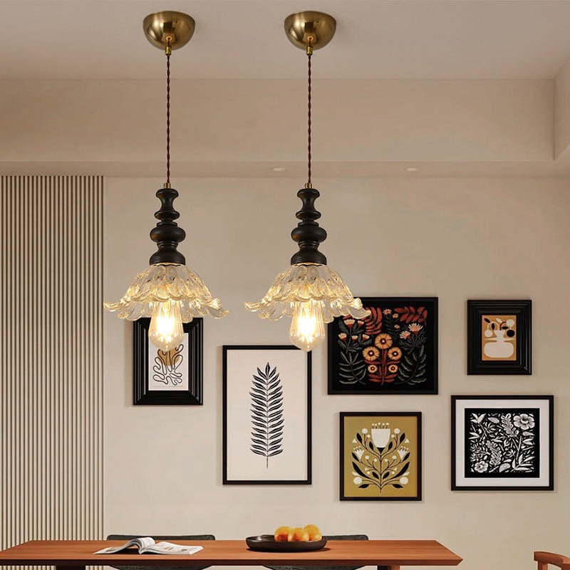 Traditional French Flower Shape Glass Lampshade Iron Solid Wood 1/3 - Light Chandelier For Dining Room