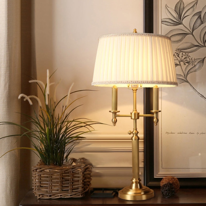 Traditional French Frustum Cone Copper Fabric 1-Light Table Lamp For Bedroom