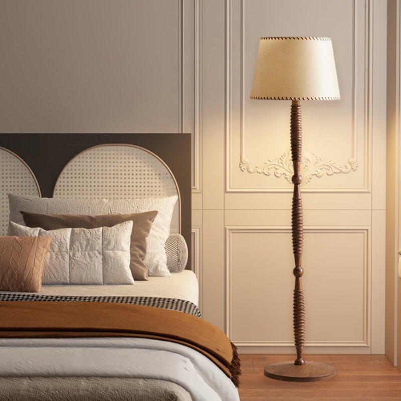 Traditional French Frustum Cone Solid Wood Fabric 1-Light Standing Floor Lamp For Living Room